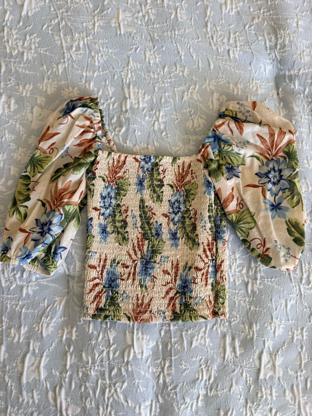 Janie and Jack Cream Floral Smocked Puff-Sleeve Crop Top